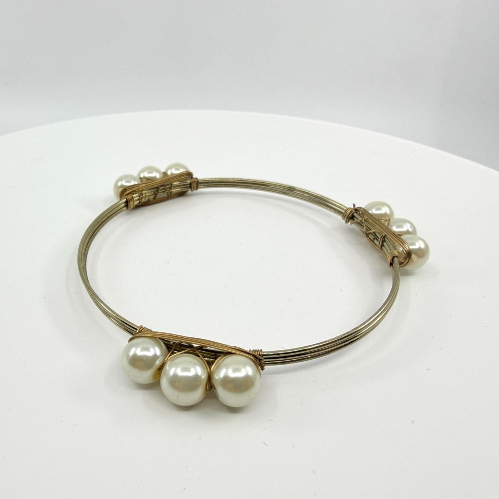 Vintage Faux Pearl Wire Wrapped Bangle Bracelet Gold Tone Artisan Design